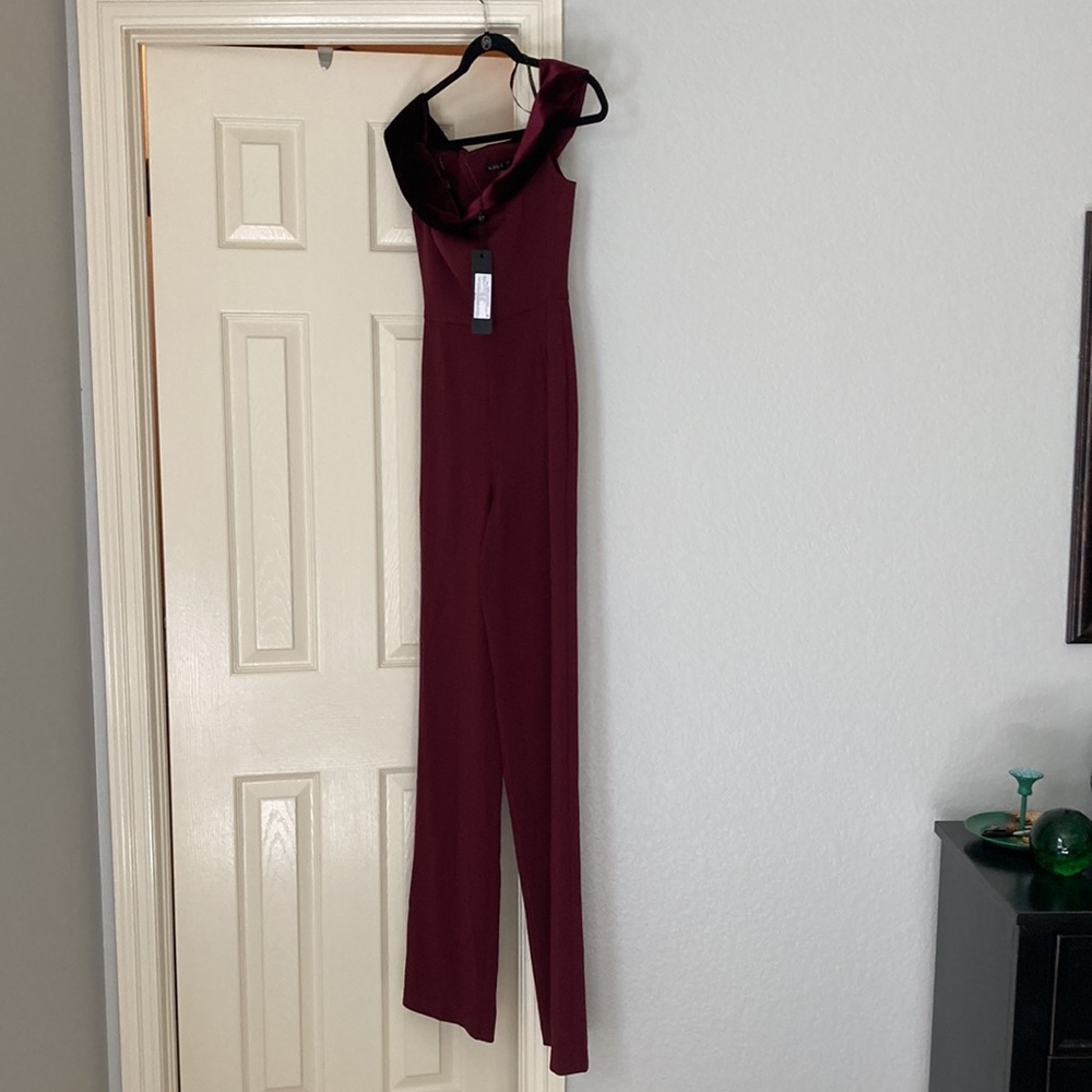 Black Halo jumpsuit. Adorable! Color of the season! Burgandy. Velvet trim - Picture 4 of 6